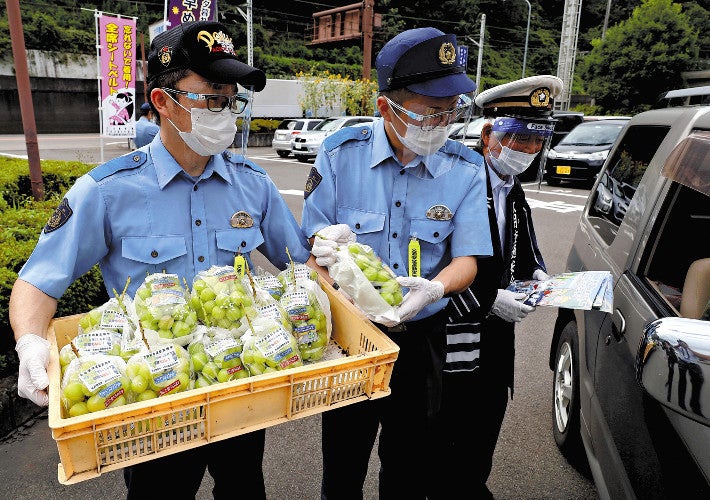 種なしブドウで事故なしへ　大月署が安全運転を啓発