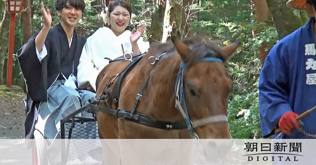 新郎新婦が馬車で新倉山の五重塔へ