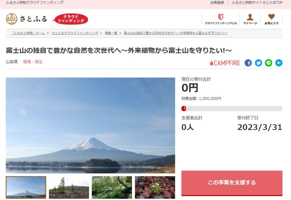 山梨県とさとふる、外来植物から富士山を守り豊かな自然を次世代へ継承するため、寄付受け付けを開始