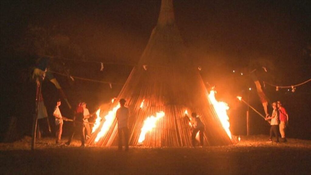 「初めて見たのですごく素敵」　盆の送り火として松明を投げあげる奇祭　南部の火祭り開催