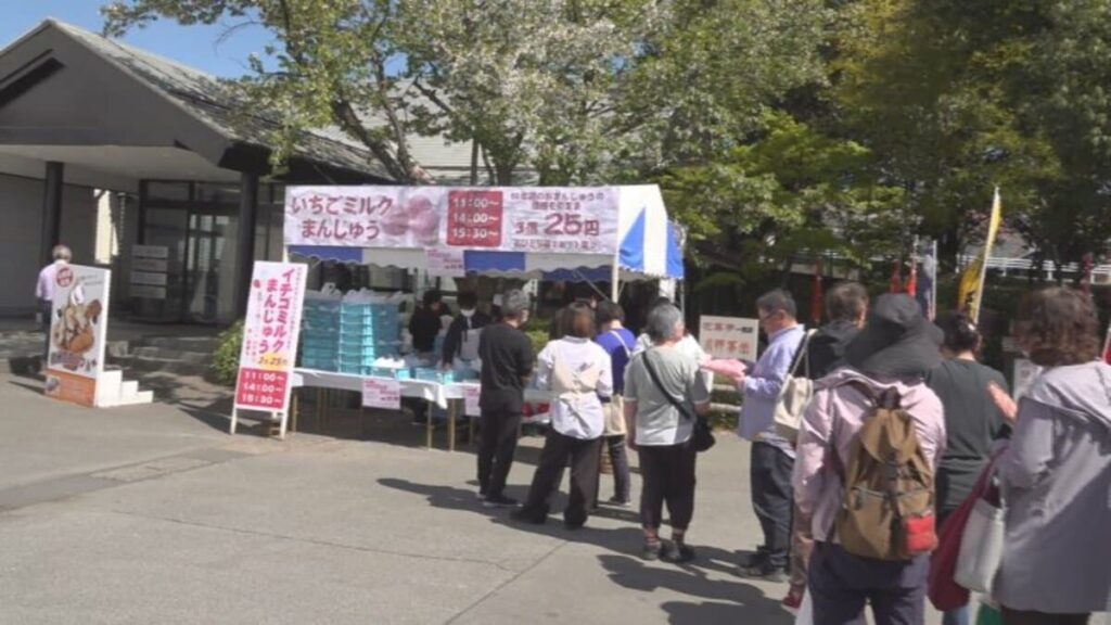 発売当時の69年前と同じ3個入り25円で販売「いちごミルクまんじゅう」が人気　桔梗屋工場祭り